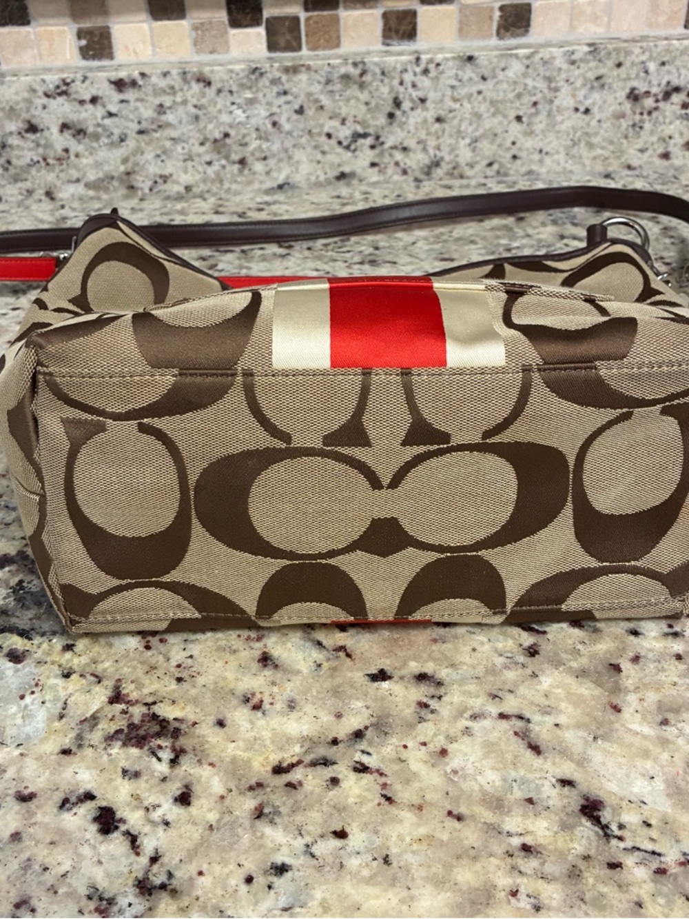 Coach Brown Signature Canvas Shoulder Bag with Red and Cream Stripe - Picture 3 of 8